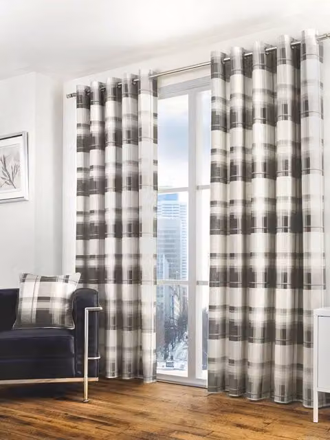 Fusion Balmoral Check Country Checked Pattern Eyelet Curtains in Dark Grey, Width: 168 cm, Drop: 183 cm – 1