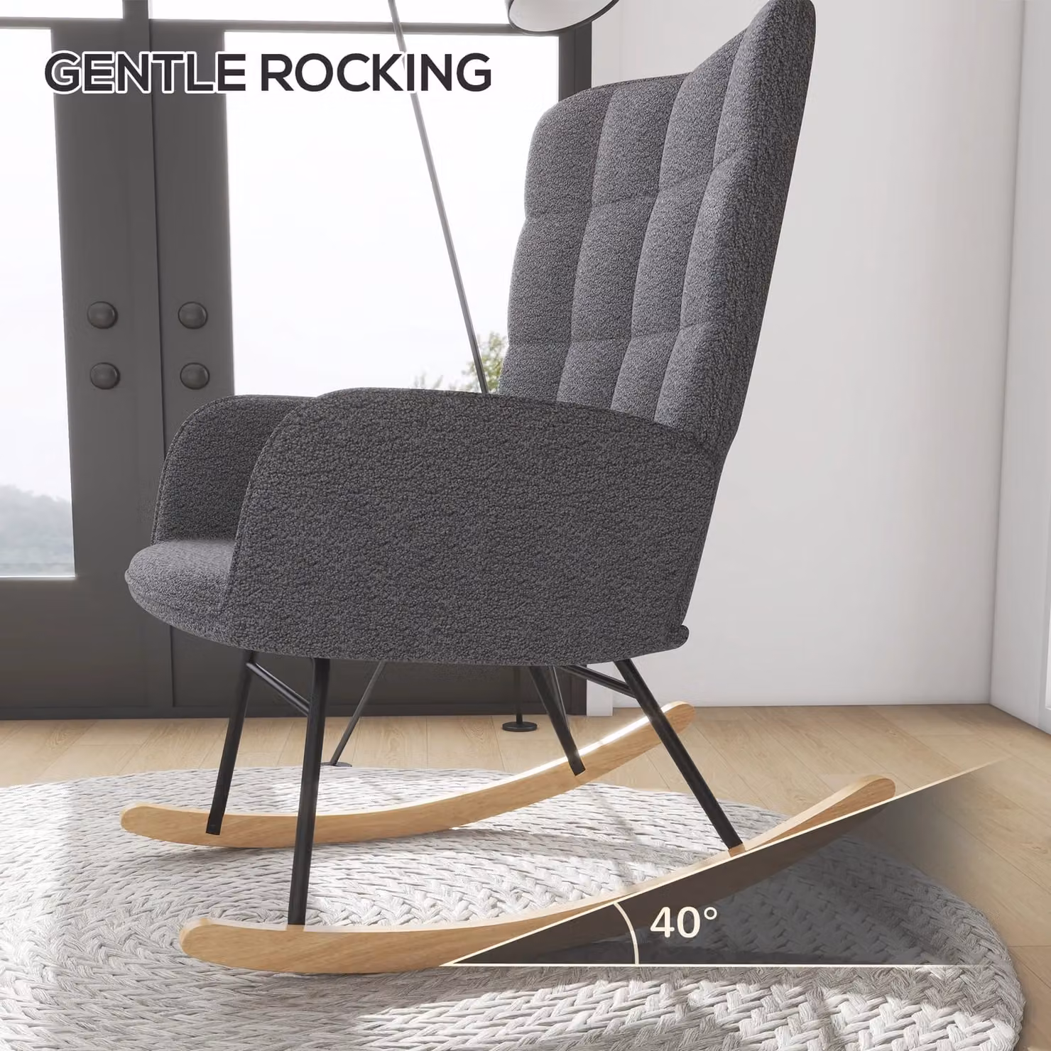 HOMCOM Modern Wingback Rocking Chair in Grey Bouclé Fabric with Mixed Metal and Wood Frame – 3