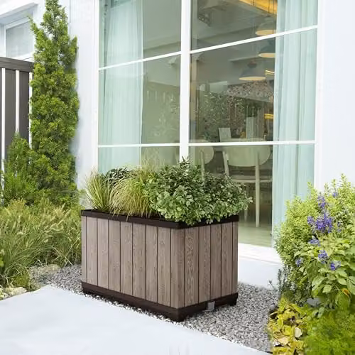 Keter Signature Rectangular Planter in Brown Plastic with Self-Watering Reservoir and Drainage Cup – 3