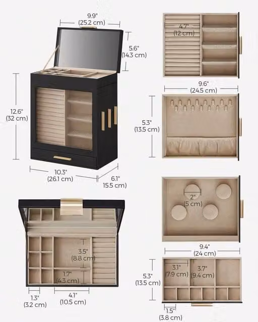 SONGMICS 5-Layer Vertical Jewellery Box with Glass Window, Black