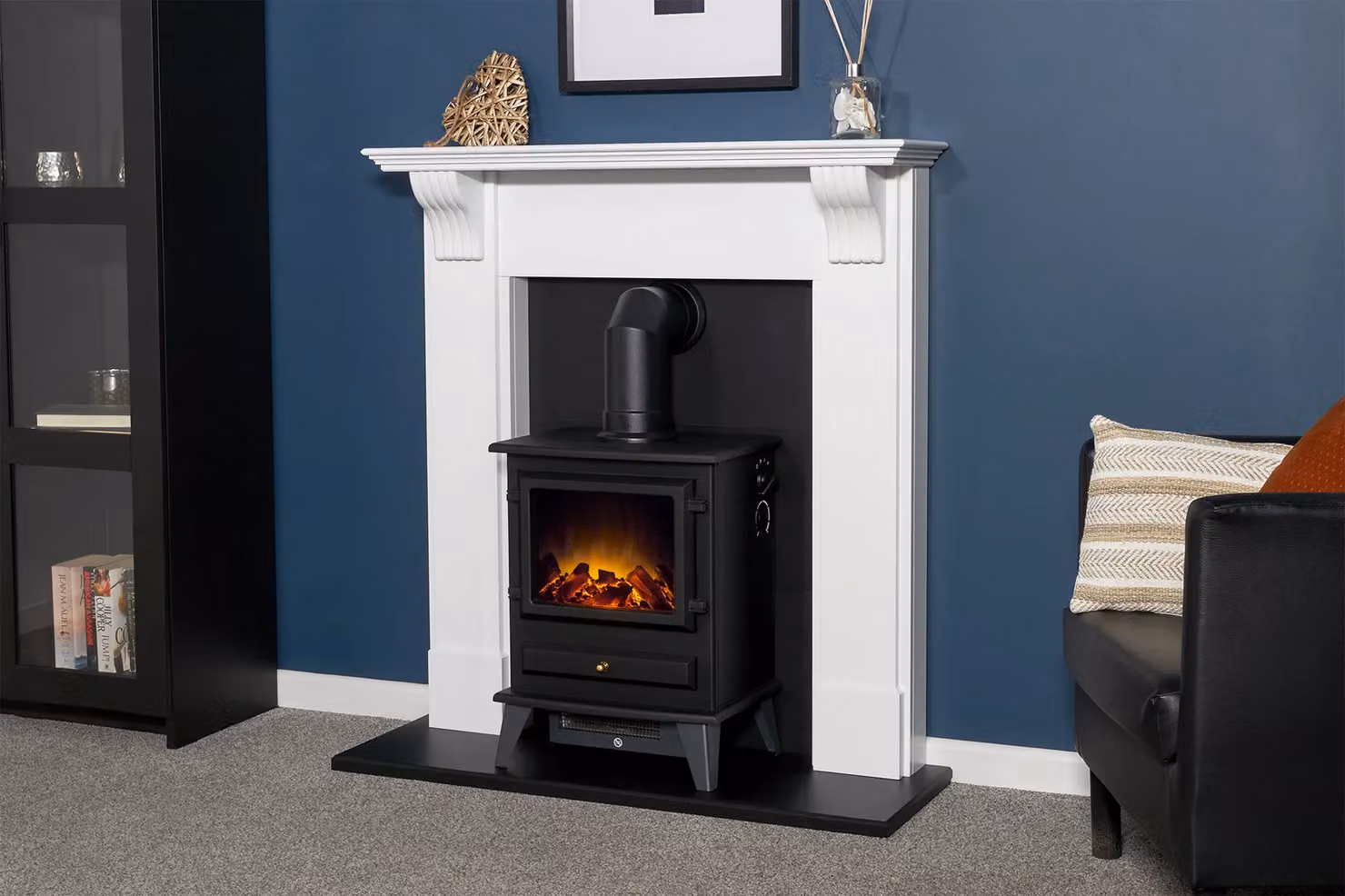 Adam Fires & Fireplaces Harrogate Stove Fireplace in Pure White and Black with Hudson Black Electric Stove, 39 Inch – 3