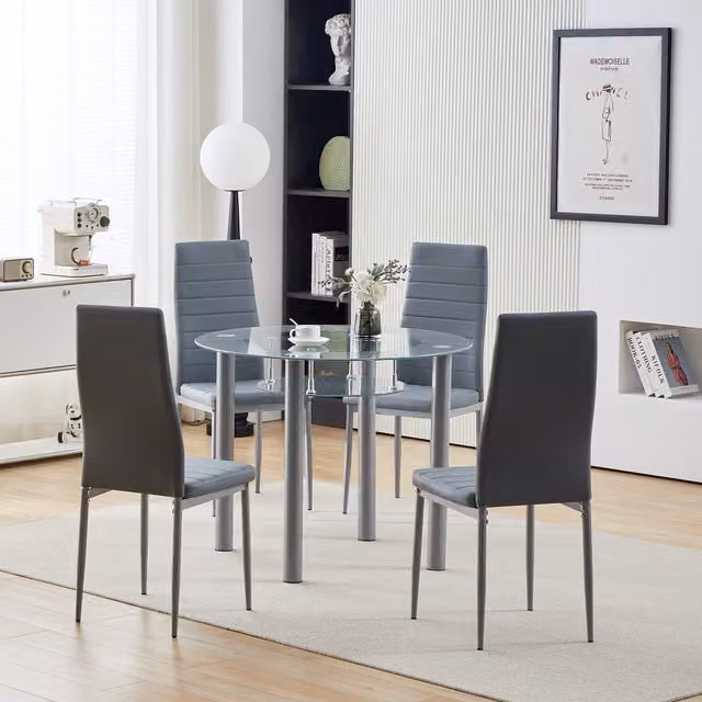 Comfy Living Modern 5 Piece Round Glass Dining Set in Grey, Diameter: 90 cm