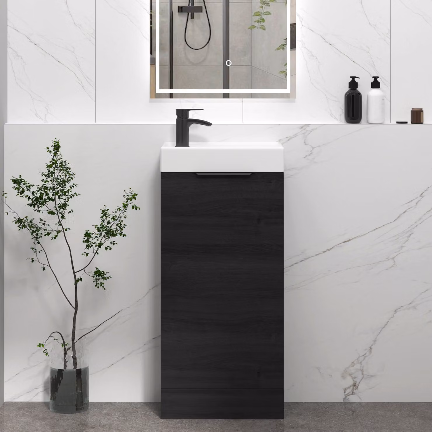 Royal Bathrooms Como 400mm Floor Standing Cloakroom Vanity Unit with Basin and 1 Door in Hale Black with Matt Black Handle