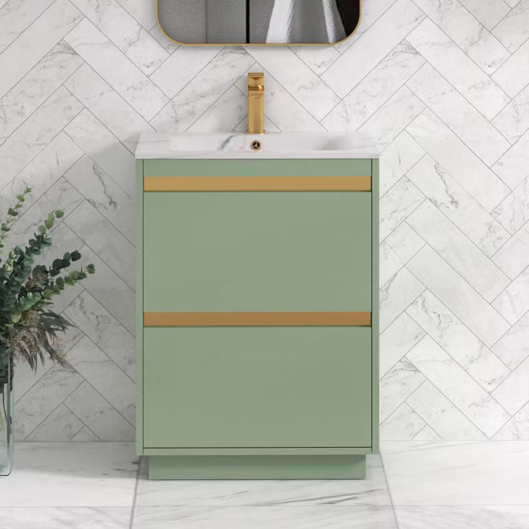 Royal Bathrooms Orion 600mm Floor Standing 2 Drawer Vanity Unit in Mint Sage with Carrara White Basin and Brushed Brass Trim