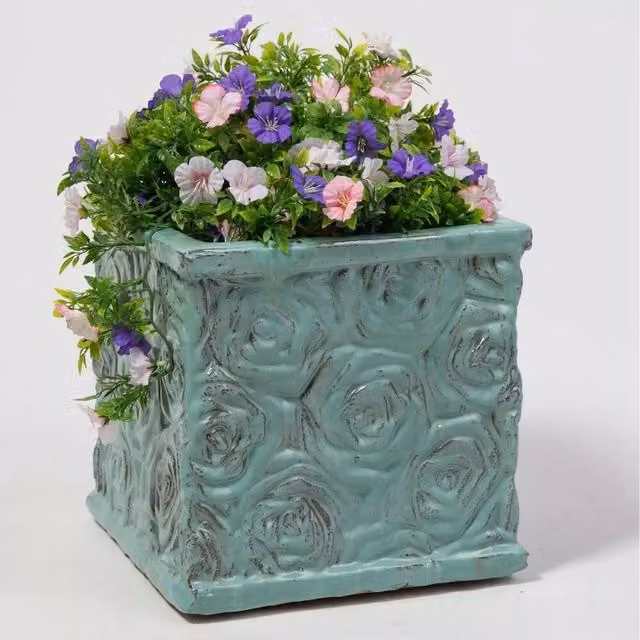 Primrose Blue and Turquoise Floral Ceramic Square Planter Pot