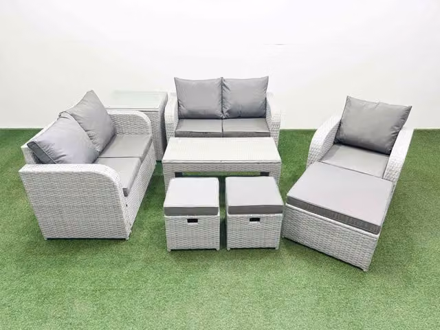 Fimous Grey Poly Rattan Garden Furniture Set with Reclining Chair, Loveseat Sofa, Oblong Coffee Table, 3 Stools and Side Table