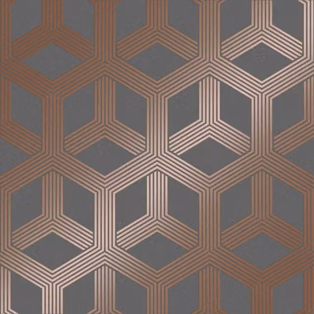I Love Wallpaper Hexa Geometric Abstract Art Deco Wallpaper in Charcoal, Rose Gold and Grey