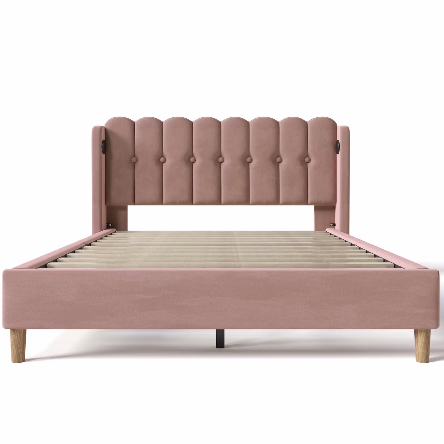 Aosom UK Pink Upholstered Velvet Double Bed with USB and Type-C Charging Ports and Wooden Slatted Frame, W/D/H: 140 x 200 cm – 2