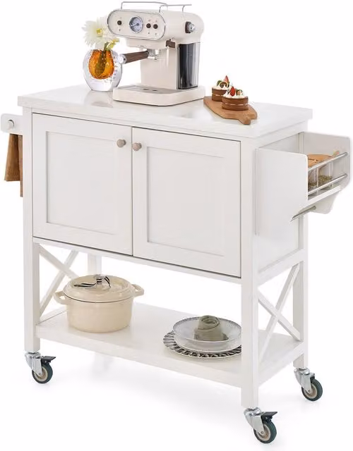 COSTWAY Modern Rolling Storage Cart with Cabinet in White Matt MDF