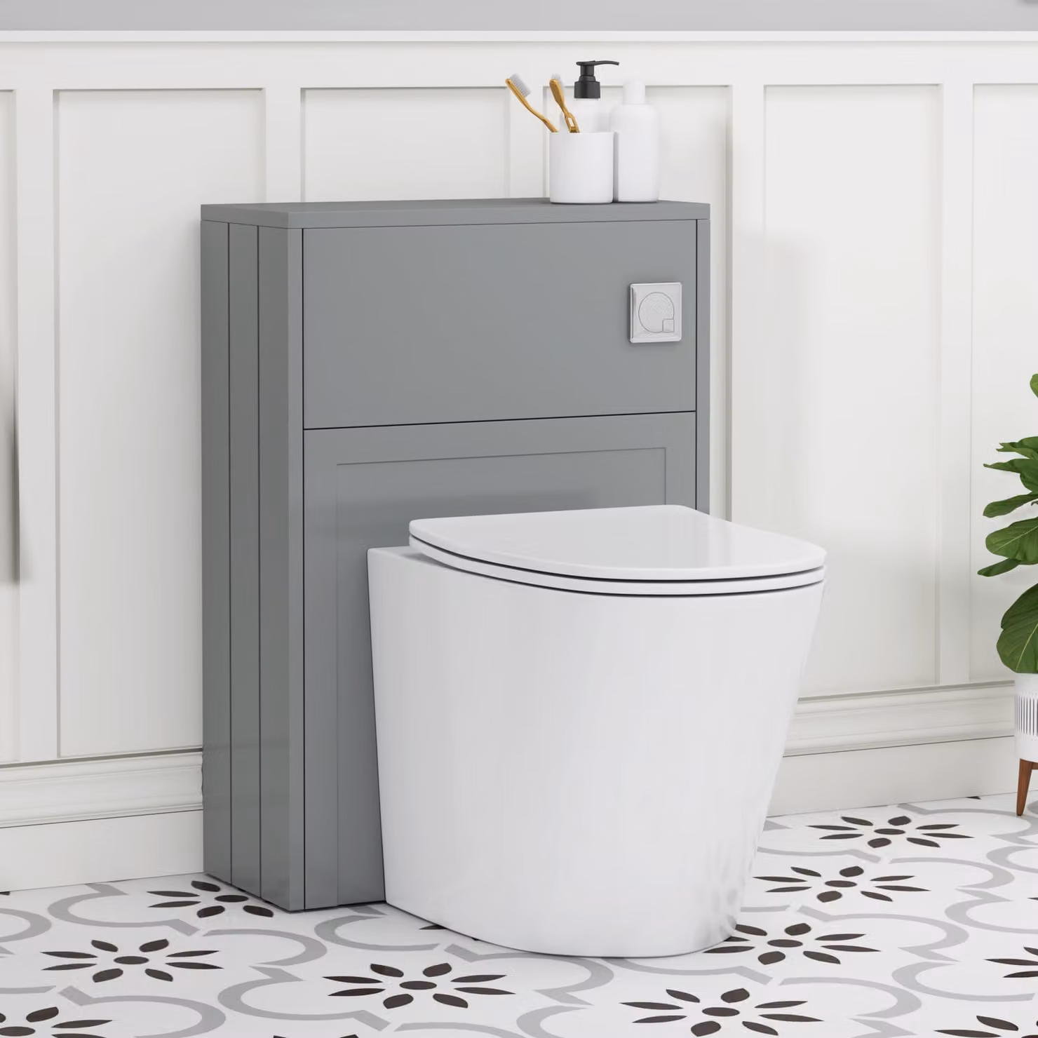 Royal Bathrooms Elmore Wall Mounted WC Unit in Matte Pebble Grey with Cesar Rimless Ceramic Toilet Pan, Slim Seat and Cistern, Width: 55 cm