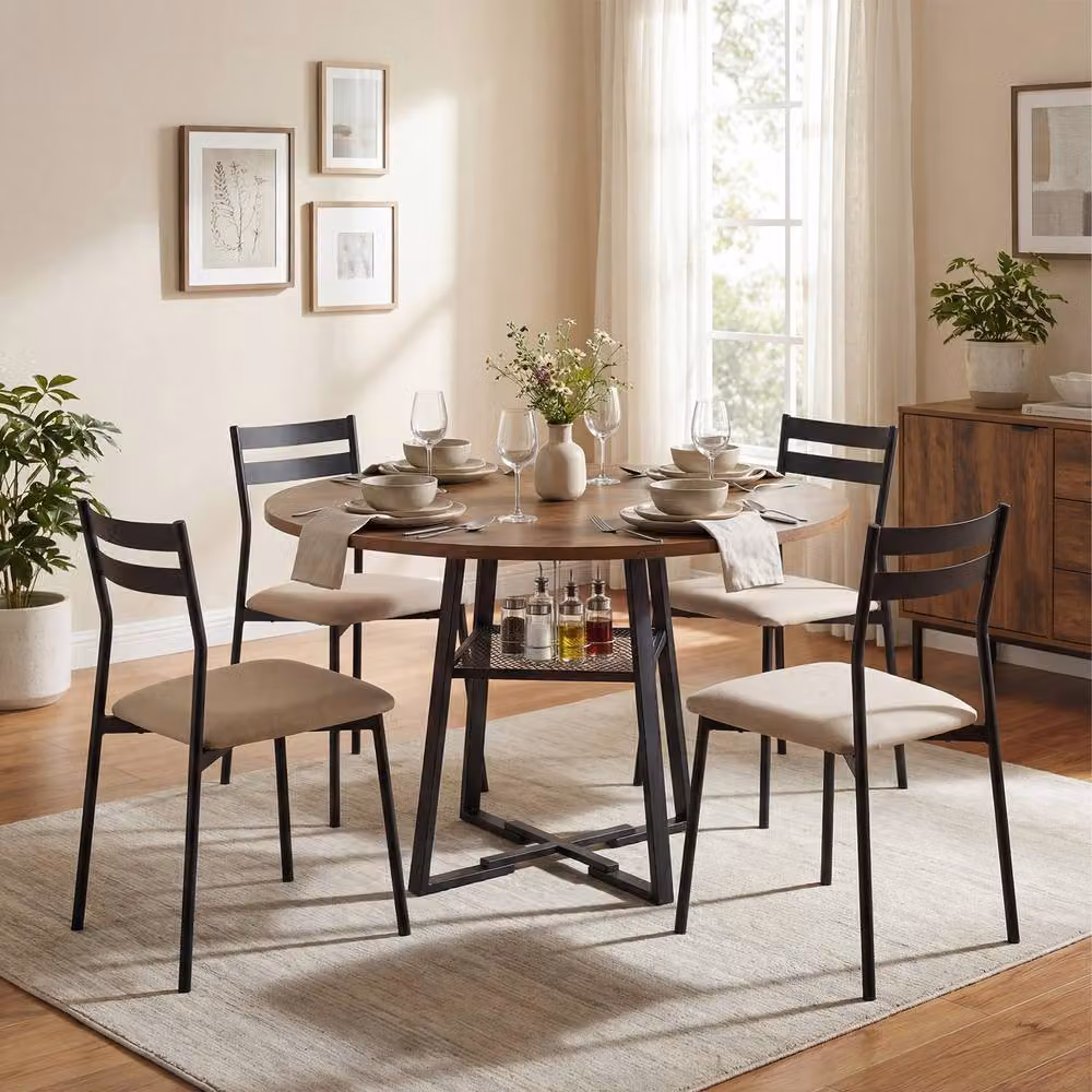 Gymax Industrial Round Dining Table in Brown with Rubberwood Top and Metal Legs, Diameter: 120 cm – 5