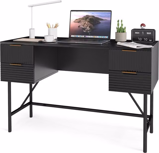 Gymax Modern Home Office Computer Desk in Black with Metal Legs, Width: 120 cm