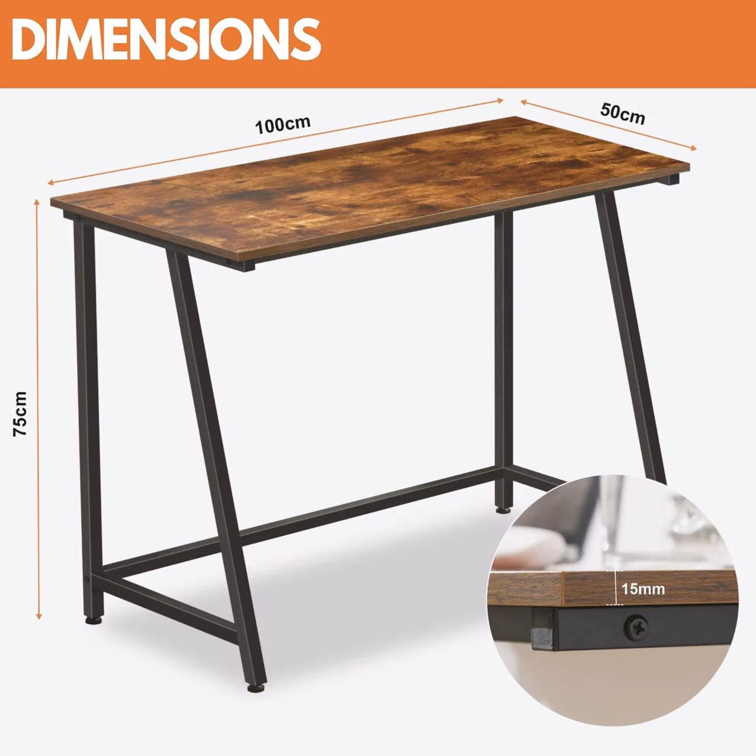 Rafaelo Mobilia Industrial Rustic Computer Desk, Brown, W: 100 cm, D: 50 cm, H: 75 cm – 3