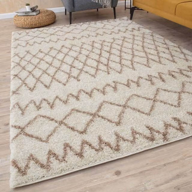 THE RUGS Soft Tangier Moroccan Shaggy Round Rug in Ivory and Beige, Diameter: 120 cm