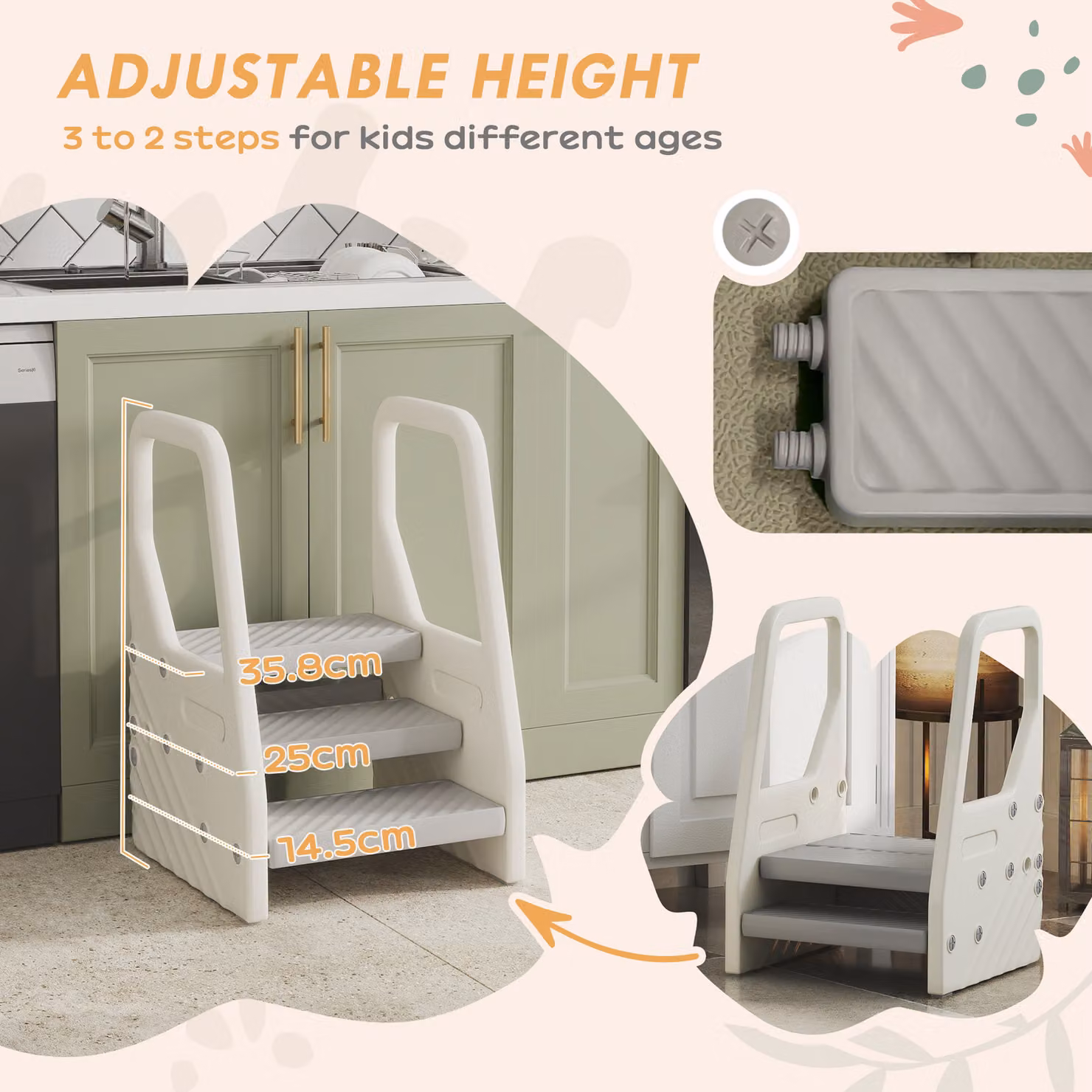 AIYAPLAY Adjustable 3 Step Toddler Tower with Handles and Non-slip Surface, Grey – 3