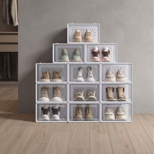 SONGMICS Pack of 12 Stackable and Foldable Shoe Storage Boxes, White and Transparent Plastic Organisers, W: 33.3 cm, D: 23 cm, H: 14 cm