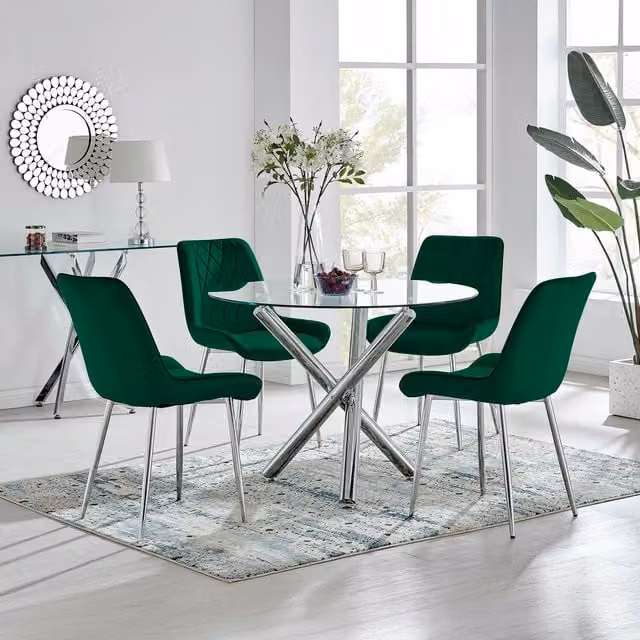 FurnitureboxUK Selina Round Glass Dining Table with Four Pesaro Silver Leg Chairs in Green – 1