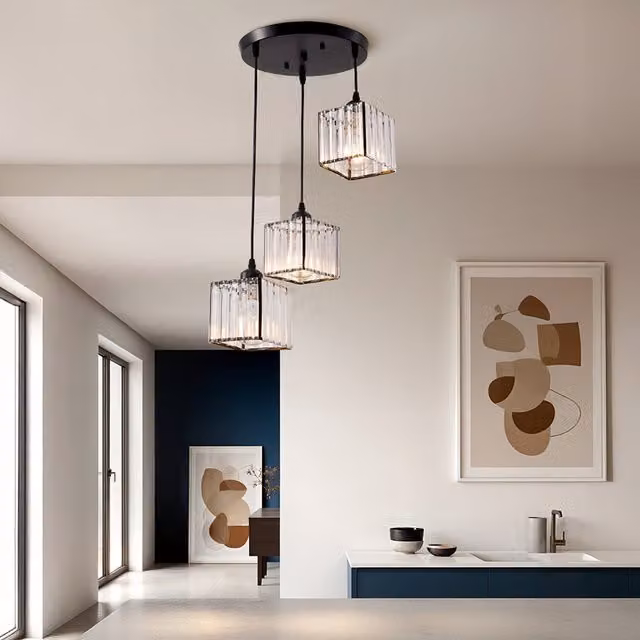 Livingandhome 3-Light Square Crystal Pendant Ceiling Light with Black Metal Accents and Transparent Crystal Lampshades