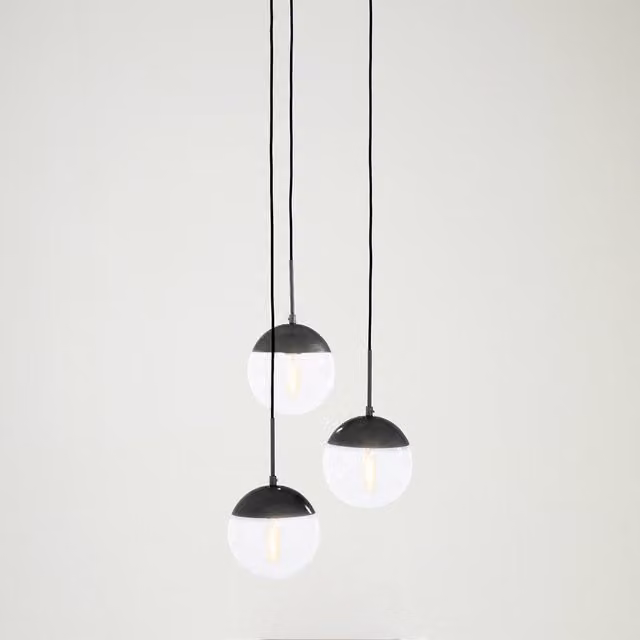 Orsina 3-Light Pendant Cluster Lamp with Transparent Glass Sphere Shades and Adjustable Cords in Black