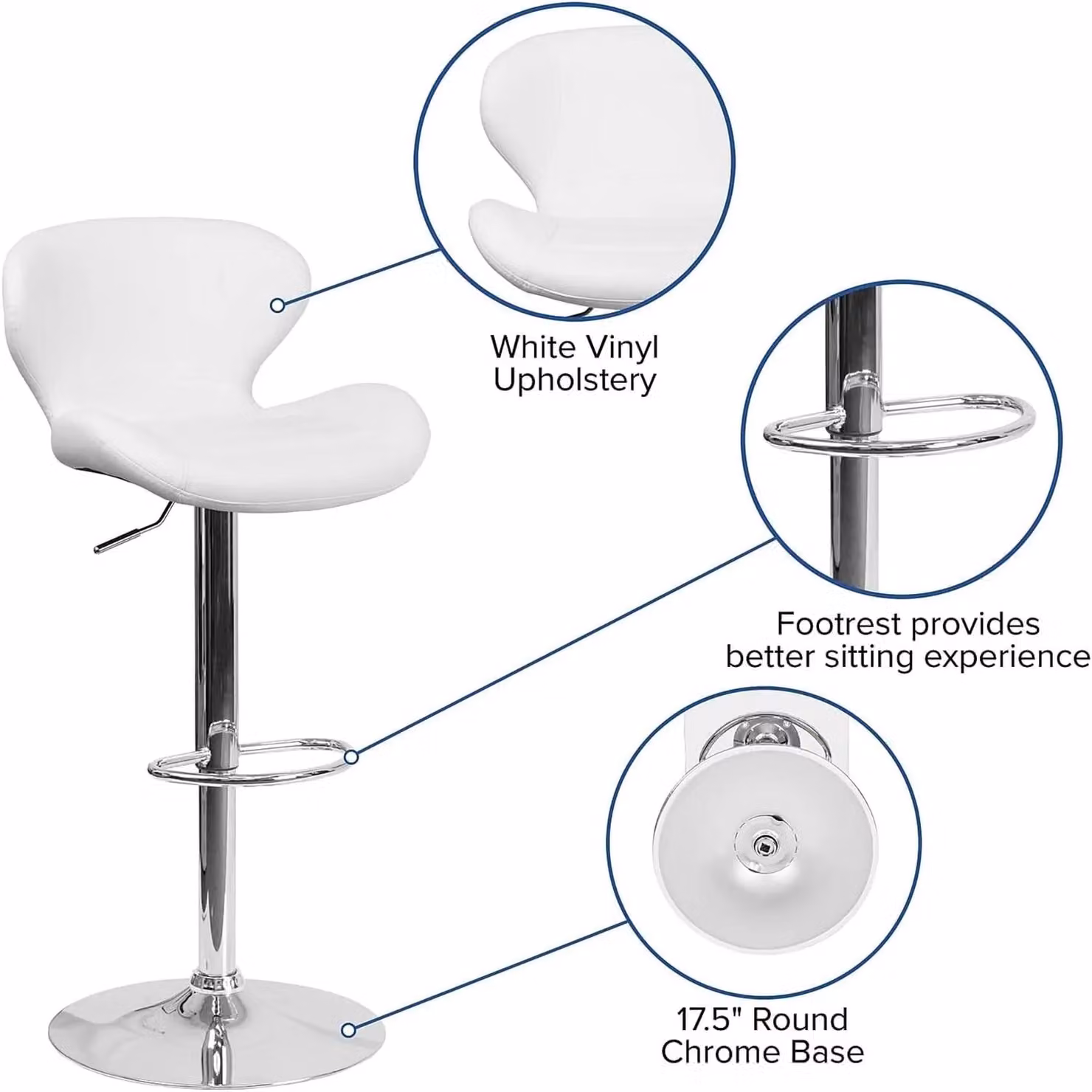 FWStyle Set of 2 White Faux Leather Adjustable Swivel Bar Stools with Chrome Metal Base – 2