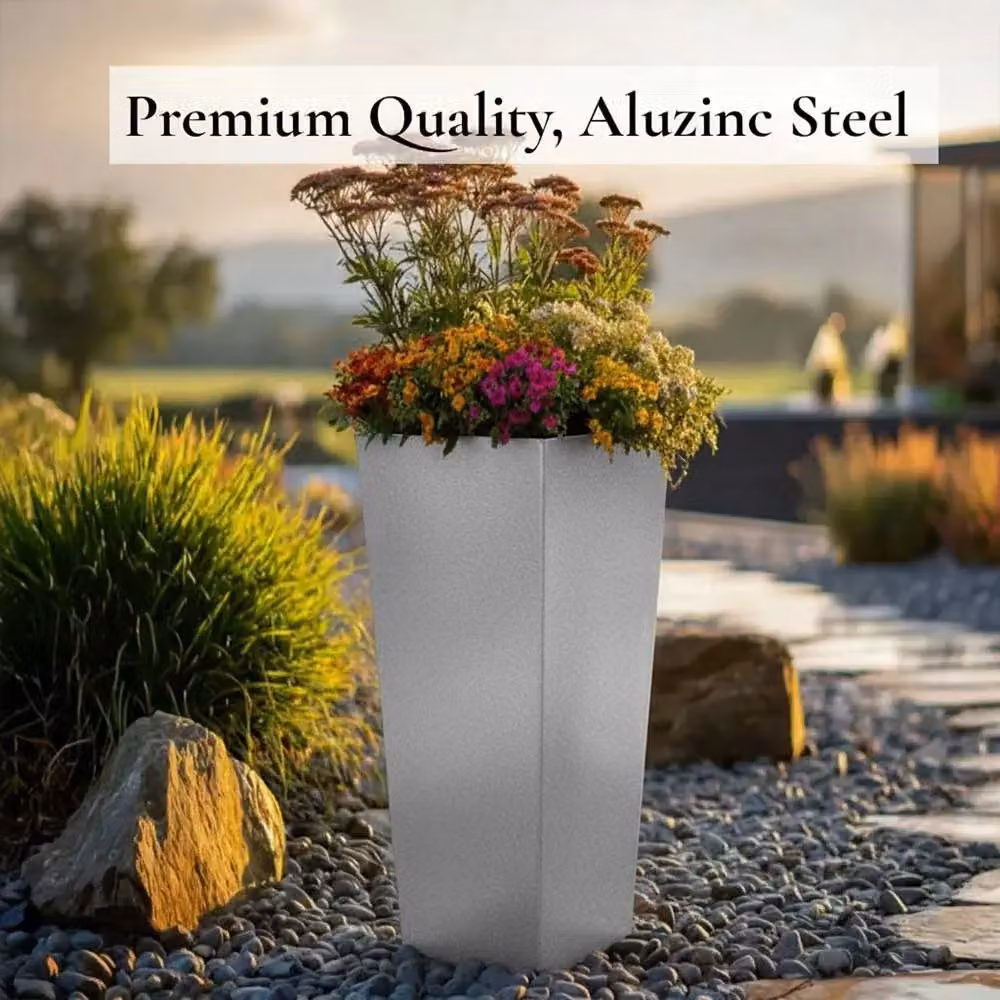 Tulipy Silver Galvanised Steel Tall Tapered Square Planter W: 40 cm, D: 40 cm, H: 90 cm – 5