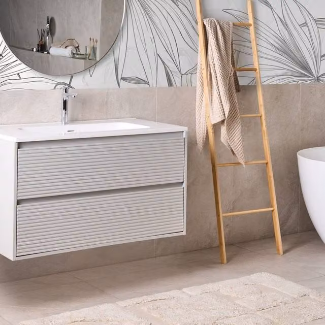 Wyld and Coco Wall-Mounted Grey Bathroom Cabinet with 2 Drawers W: 100 cm, D: 46 cm, H: 55 cm