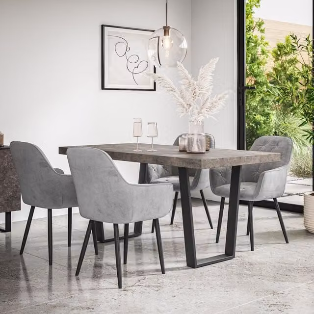 More4Homes Aria Dining Table and Anika Velvet Dining Chair Set, Concrete Effect Table Top with Black Legs and 4 Grey Chairs, W/D/H: 160 x 80 x 76 cm