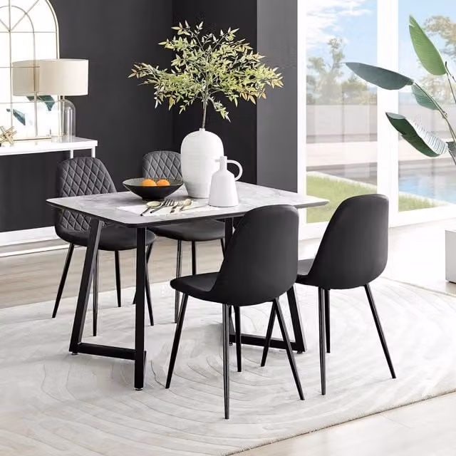 FurnitureboxUK Carson White Marble Effect Dining Table and 4 Corona Black Faux Leather Chairs – 1
