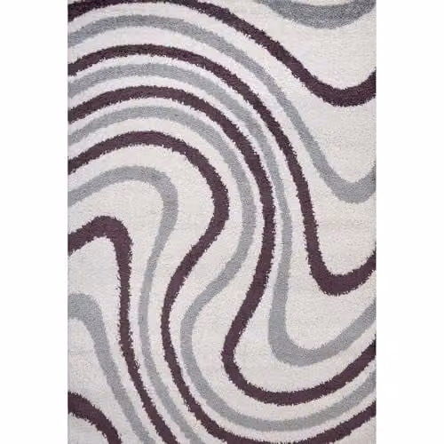 THE RUGS Soft Shaggy Round Area Rug with Modern Abstract Wave Design in Grey and Purple, Diameter: 120 cm – 2