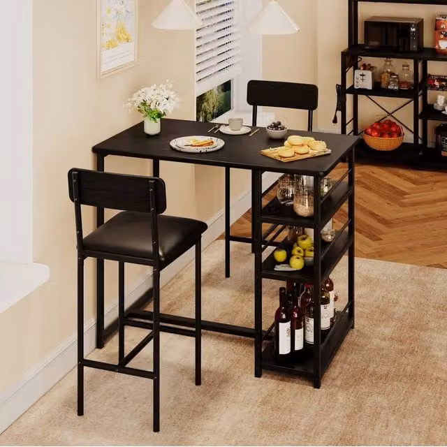 VOGREX 3 Piece Modern Rectangular Counter Height Kitchen and Dining Table Set with Upholstered Chairs in Black