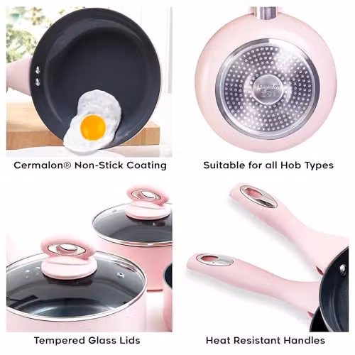 Cermalon 5-Piece Pink Ceramic Cookware Set with Grey Non-Stick Coating including Frying Pans and Saucepans – 2