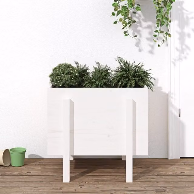 Berkfield Home White Solid Wood Pine Garden Planter Tub W: 62 cm, D: 50 cm, H: 57 cm – 1