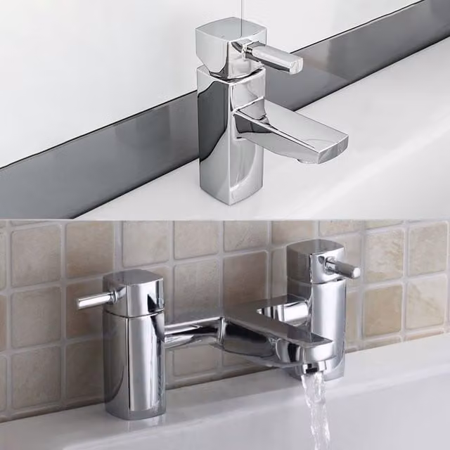 Nes Home Chrome Square Single Lever Basin Mixer and Bath Filler Tap Set in Silver