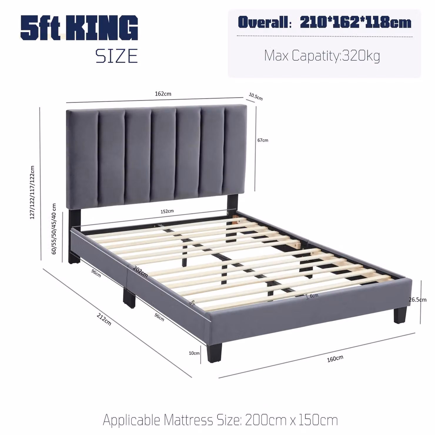 FURNITURE ONE Modern Upholstered Platform Bed Frame in Grey, W/D/H: 180 x 200 x 118 cm – 4