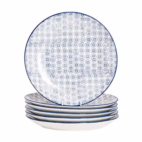Nicola Spring Blue Floral Hand Printed Stoneware Dinner Plates, Pack of 6, Diameter: 25.5 cm