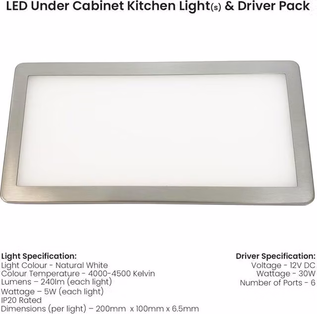 Loops 6x Ultra-Slim Rectangle Under Cabinet Kitchen LED Light and Driver Kit in Brushed Nickel Silver with Natural White Diffused Light