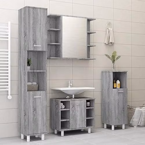 vidaXL Grey Sonoma Bathroom Mirror Cabinet with Glass Doors, W: 80 cm, D: 20.5 cm, H: 64 cm – 2