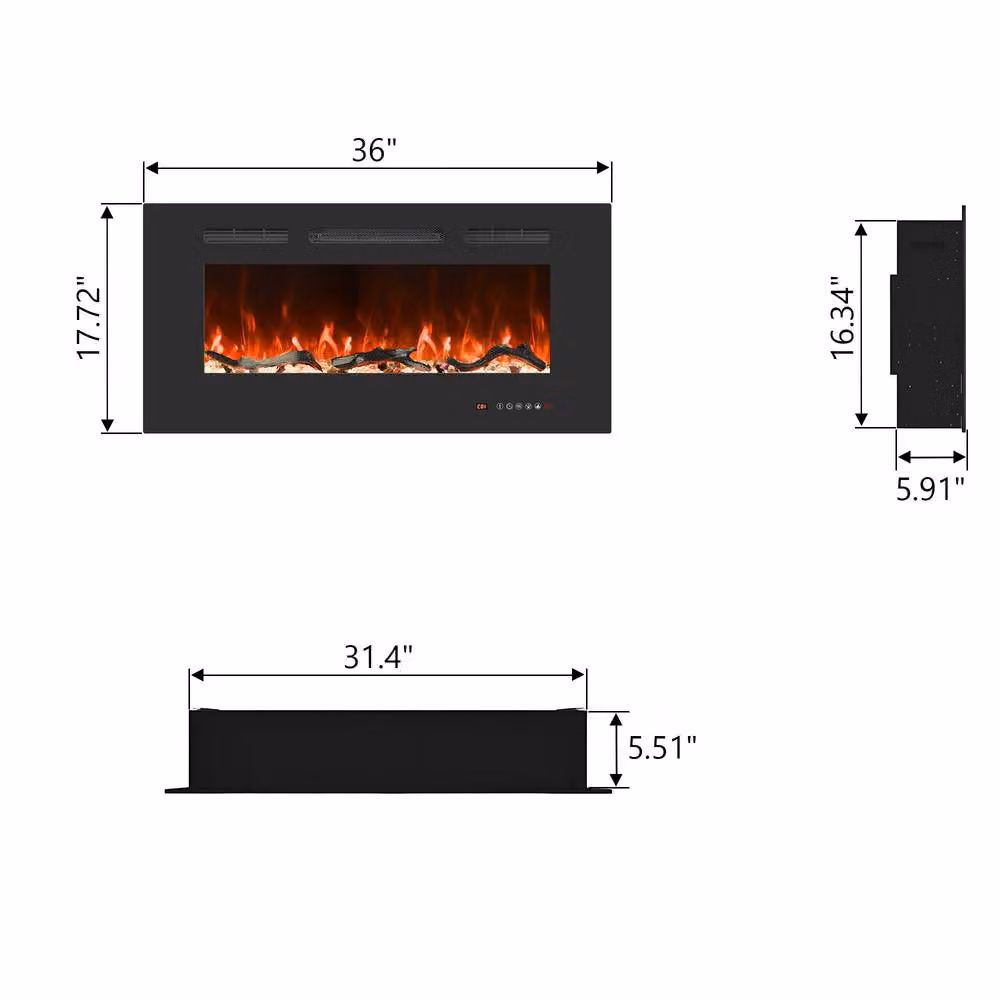 Valuxhome Black Recessed Electric Fireplace with 13 Colours and 1500W Heater, W/D/H: 91 x 45 x 15 cm – 2