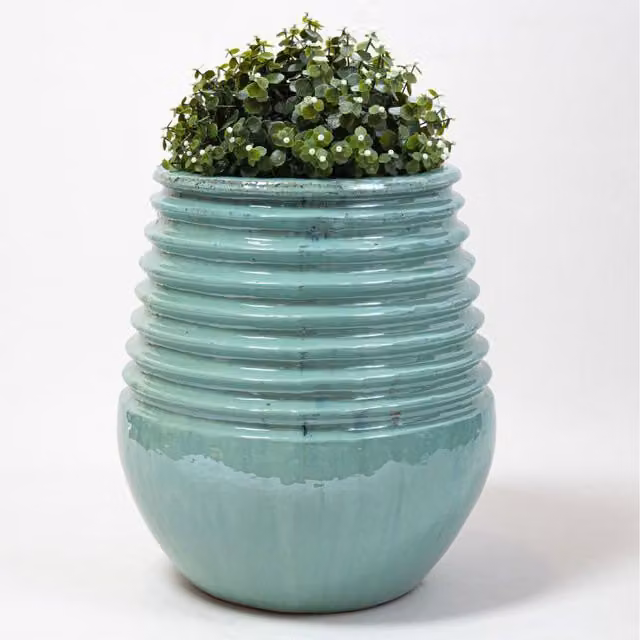Primrose Blue and Turquoise Striped Ceramic Round Tabletop Planter