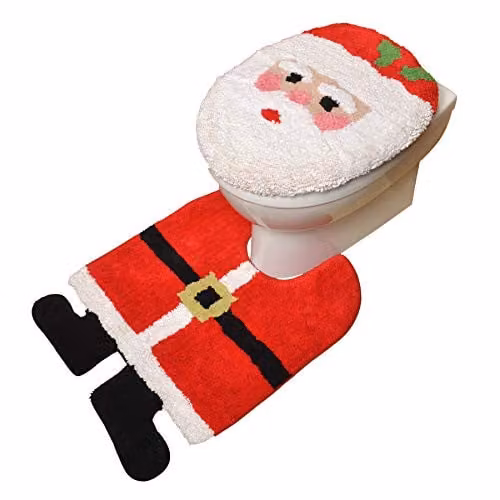 Allure Bath Fashions Santa Christmas Two Piece Toilet Seat Cover and Pedestal Mat Set in Red