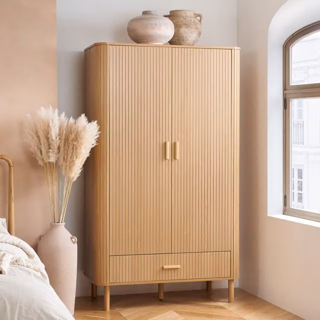 Birlea Axel Modern Fluted Wooden Wardrobe with 2 Doors and 1 Drawer in Oak Brown