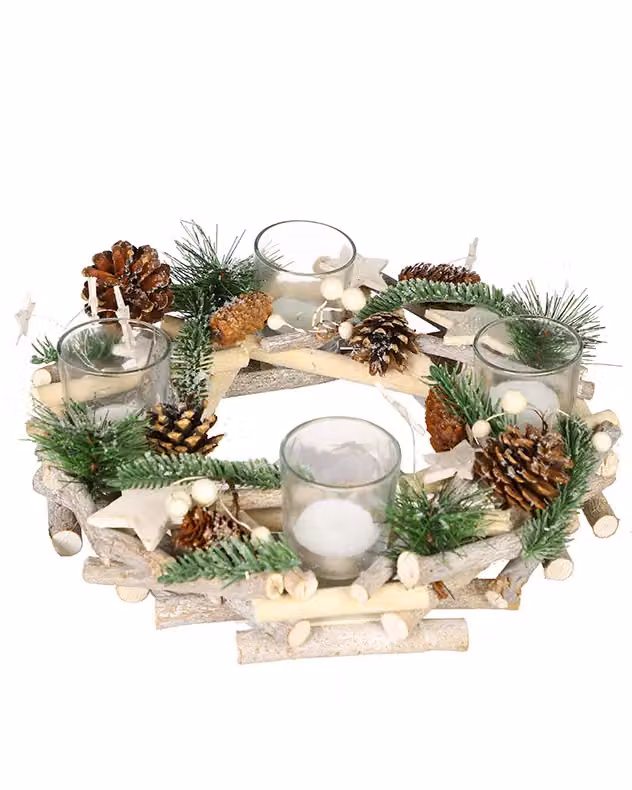 Dibor Set of 2 Nordic Wreath Tealight Candle Holders in Natural Wood, Diameter: 30 cm – 2