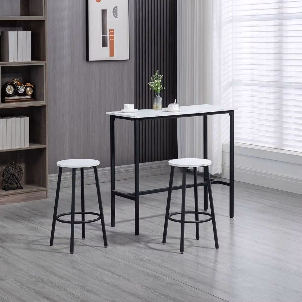 Wyld Haus Telano 3 Piece Marble Effect Bar Table and Stool Set in White and Black – 3
