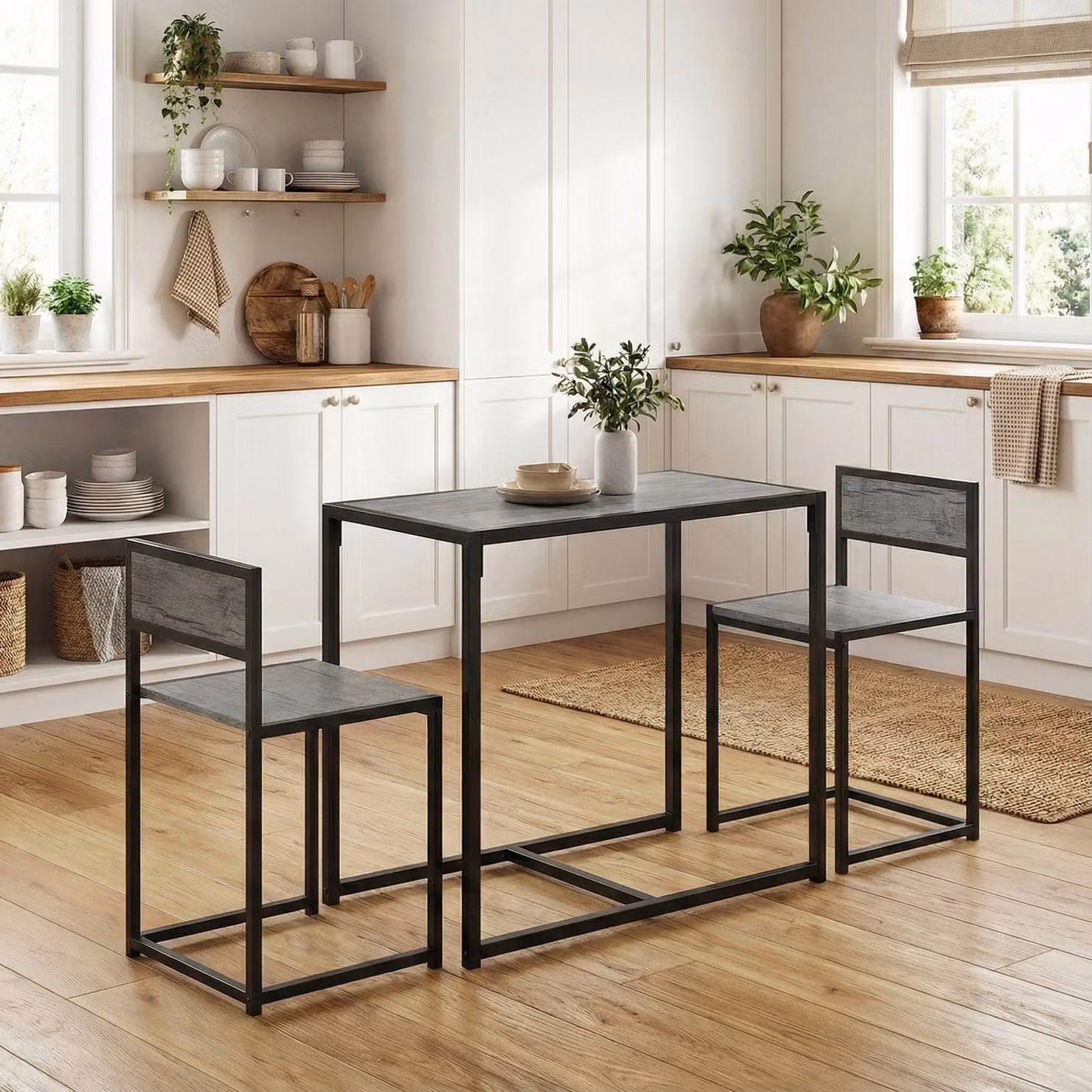 HOMCOM 3 Piece Industrial Kitchen Table and Stool Set in Grey, Black and Brown with MDF and Metal Construction – 2