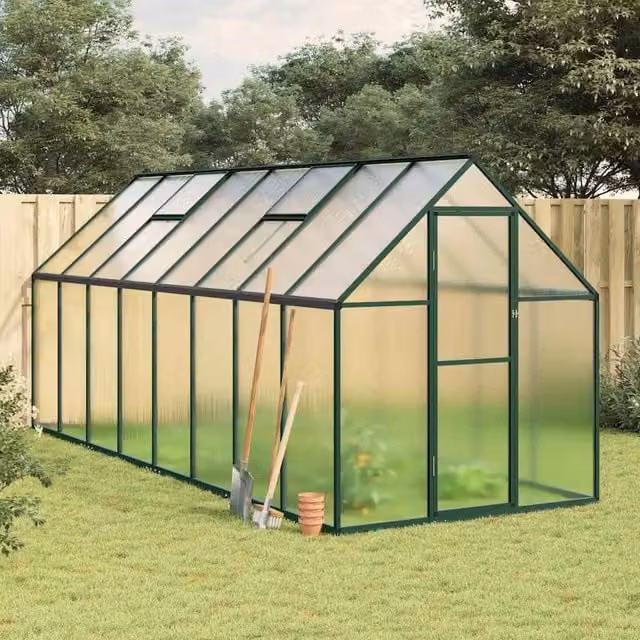 Berkfield Home Green Aluminium Greenhouse with Polycarbonate Panels and Base Frame, W/D/H: 445 x 169 x 195 cm