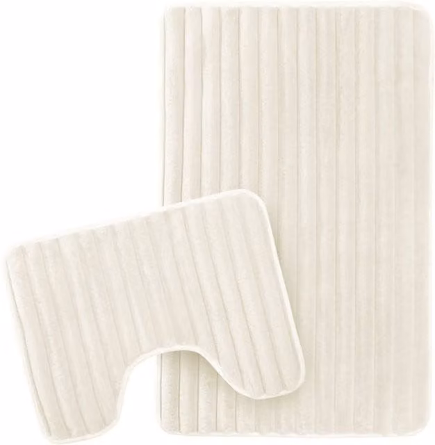 New Edge Blinds Ribbed Bath Mat and WC Pedestal Mat Set in Beige
