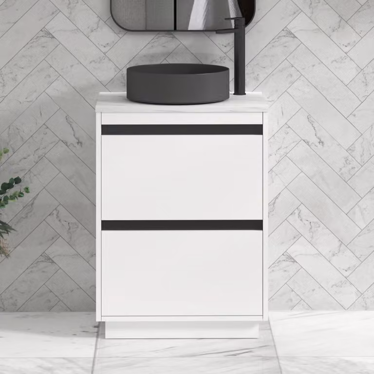Royal Bathrooms Orion 800mm Matt White Floor Standing Countertop Vanity Unit with 2 Drawers, Art Round Basin and Black Accent Trim