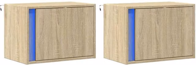 Berkfield Home Set of 2 Wall-mounted Bedside Cabinets with Integrated LED Lights in Sonoma Oak Light Tan – 1