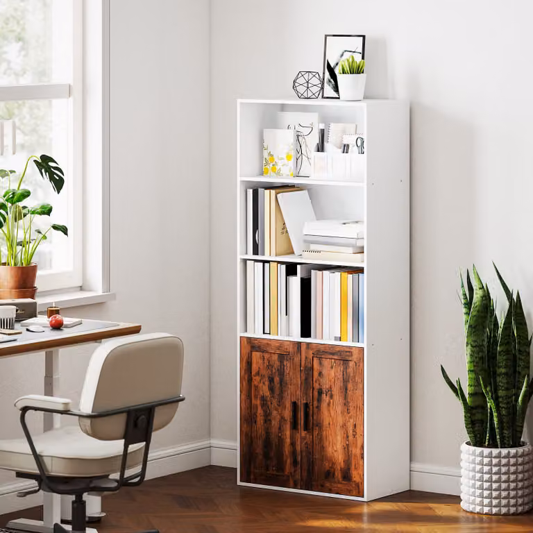 HOMCOM 5-Tier Bookcase with Adjustable Shelves in Rustic Brown and Black