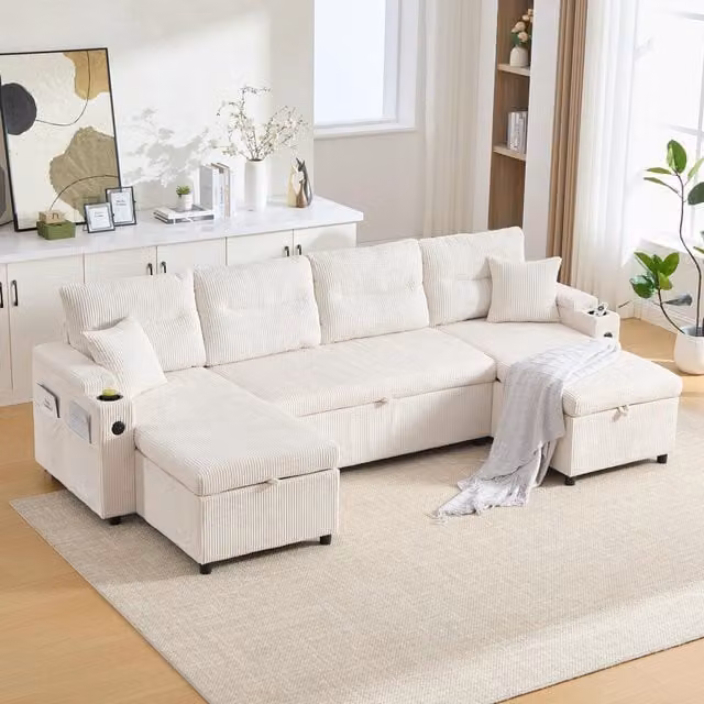 Aosom UK Contemporary 4-Seater U-Shaped Sofa with 2 Chaise Longues, Ribbed Corduroy Fabric, Built-in Cup Holders and USB Charging, Beige, W: 272 cm, D: 136 cm, H: 86 cm